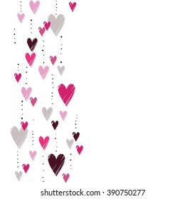 pink hearts on white background messy vertical border romantic Valentines Day seamless pattern 