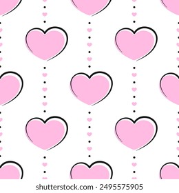 Pink hearts on white dotted background. Vector seamless pattern. Best for textile, wallpapers, wrapping paper, package and St. Valentine's Day decoration.