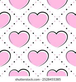 Pink hearts on white dotted background. Vector seamless pattern. Best for textile, wallpapers, wrapping paper, package and St. Valentine's Day decoration.