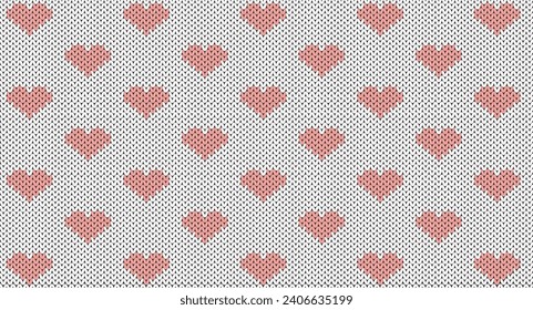 Pink hearts and  on white knitted design, Festive Sweater Design. Seamless Knitted Pattern, Chritmas knitted.