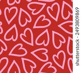 Pink hearts outline on red background seamless pattern. Sweet love. Valentine