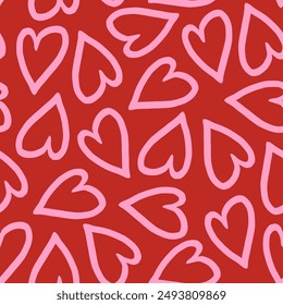 Pink hearts outline on red background seamless pattern. Sweet love. Valentine's day cute backdrop texture, wallpaper. Romantic wedding. Mother's day.