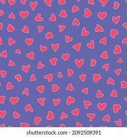 Pink hearts with outline seamless repeat pattern. Random placed, vector love sign all over surface print on very peri background.