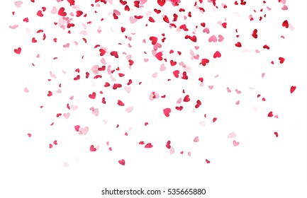 Pétalos de corazones rosados cayendo sobre fondo blanco para el diseño de tarjetas de felicitación del Día de San Valentín. Pétalos de flores en forma de confeti cardíaco