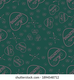 Pink hearts with the phrase hello valentine with bright flare elements on a green background. Romantic seamless pattern. a festive option for Valentine's Day, Mother's Day or March 8th. 