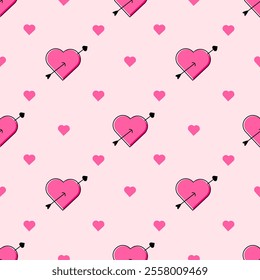 Pink hearts pierced by cupid arrows seamless pattern on pink background. Valentines day with hearts and arrows. Vector illustration.