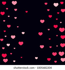 Pink Hearts Random Falling on Black Background. Valentine's Day Pattern. Romantic Scattered Hearts Design Element. Love. Sweet Moment. Cards, Banners, Posters, Flyers, Sales, Brochure, Wallpaper.