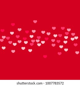 Pink Hearts Random Falling on Red Background. Valentine's Day Pattern. Romantic Scattered Hearts Design Element. Love. Sweet Moment. Cards, Banners, Posters, Flyers, Sales, Brochure, Wallpaper.