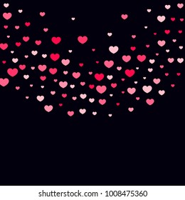 Pink Hearts Random Falling on Black Background. Valentine's Day Pattern. Romantic Scattered Hearts Design Element. Love. Sweet Moment. Gift. Wedding. Anniversary, Birthday. Vector Illustratuion.