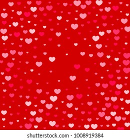 Pink Hearts Random Falling on Red Background. Valentine's Day Pattern. Romantic Scattered Hearts Design Element. Love. Sweet Moment. Gift. Wedding. Anniversary, Birthday. Vector Illustratuion.