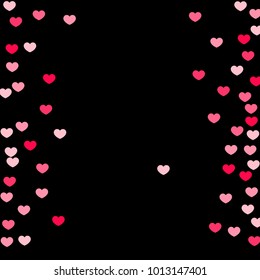 Pink Hearts Random Falling on Black Background. Valentine's Day Pattern. Romantic Scattered Hearts Cute Texture. Love. Sweet Moment. Cards, Banners, Posters, Flyers, Sales, Brochure, Wallpaper.