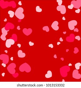 Pink Hearts Random Falling on Red Background. Valentine's Day Pattern. Romantic Scattered Hearts Cute Texture. Love. Sweet Moment. Gift. Wedding. Anniversary, Birthday. Vector Illustratuion.