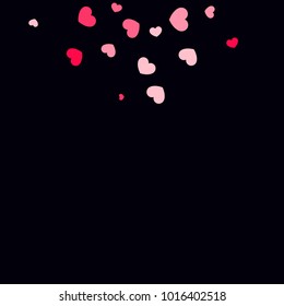 Pink Hearts Random Falling on Black Background. Valentine's Day Pattern. Romantic Scattered Hearts Cute Texture. Love. Sweet Moment. Cards, Banners, Posters, Flyers, Sales, Brochure, Wallpaper.