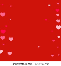 Pink Hearts Random Falling on Red Background. Valentine's Day Pattern. Romantic Scattered Hearts Cute Texture. Love. Sweet Moment. Cards, Banners, Posters, Flyers, Sales, Brochure, Wallpaper.