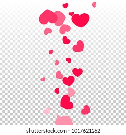 Pink Hearts Random Falling on Transparent. Valentine's Day Pattern. Romantic Scattered Hearts Design Element. Love. Sweet Moment. Gift. Wedding. Anniversary, Birthday. Vector Illustratuion.