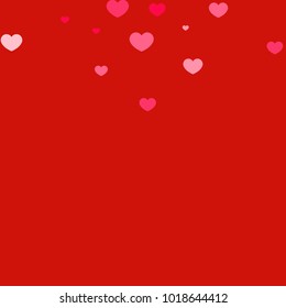 Pink Hearts Random Falling on Red Background. Valentine's Day Pattern. Romantic Scattered Hearts Cute Texture. Love. Sweet Moment. Gift. Wedding. Anniversary, Birthday. Vector Illustratuion.