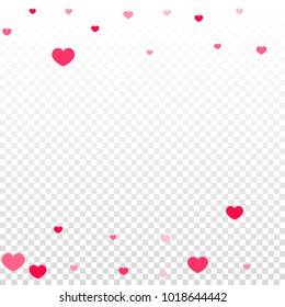 Pink Hearts Random Falling on Transparent. Valentine's Day Pattern. Romantic Scattered Hearts Cute Texture. Love. Sweet Moment. Gift. Wedding. Anniversary, Birthday. Vector Illustratuion.