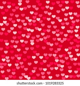 Pink Hearts Random Falling on Red Background. Valentine's Day Pattern. Romantic Scattered Hearts Cute Texture. Love. Sweet Moment. Gift. Wedding. Anniversary, Birthday. Vector Illustratuion.