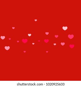 Pink Hearts Random Falling on Red Background. Valentine's Day Pattern. Romantic Scattered Hearts Design Element. Love. Sweet Moment. Gift. Wedding. Anniversary, Birthday. Vector Illustratuion.