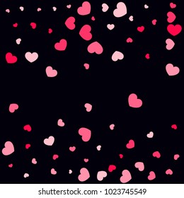 Pink Hearts Random Falling on Black Background. Valentine's Day Pattern. Romantic Scattered Hearts Cute Texture. Love. Sweet Moment. Gift. Wedding. Anniversary, Birthday. Vector Illustratuion.