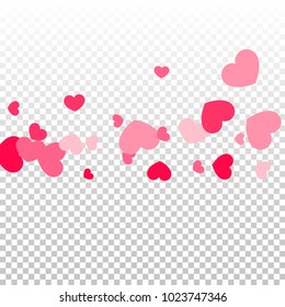 Pink Hearts Random Falling on Transparent. Valentine's Day Pattern. Romantic Scattered Hearts Cute Texture. Love. Sweet Moment. Gift. Wedding. Anniversary, Birthday. Vector Illustratuion.