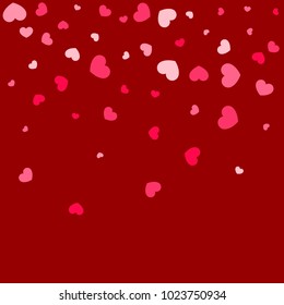 Pink Hearts Random Falling on Red Background. Valentine's Day Pattern. Romantic Scattered Hearts Cute Texture. Love. Sweet Moment. Gift. Wedding. Anniversary, Birthday. Vector Illustratuion.