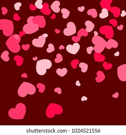Pink Hearts Random Falling on Red Background. Valentine's Day Pattern. Romantic Scattered Hearts Cute Texture. Love. Sweet Moment. Cards, Banners, Posters, Flyers, Sales, Brochure, Wallpaper.