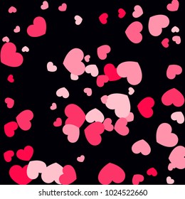 Pink Hearts Random Falling on Black Background. Valentine's Day Pattern. Romantic Scattered Hearts Design Element. Love. Sweet Moment. Gift. Wedding. Anniversary, Birthday. Vector Illustratuion.