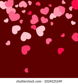 Pink Hearts Random Falling on Red Background. Valentine's Day Pattern. Romantic Scattered Hearts Design Element. Love. Sweet Moment. Cards, Banners, Posters, Flyers, Sales, Brochure, Wallpaper.