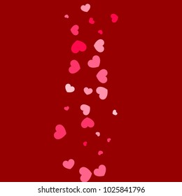 Pink Hearts Random Falling on Red Background. Valentine's Day Pattern. Romantic Scattered Hearts Design Element. Love. Sweet Moment. Gift. Wedding. Anniversary, Birthday. Vector Illustratuion.