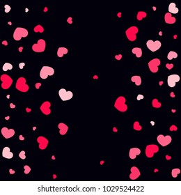 Pink Hearts Random Falling on Black Background. Valentine's Day Pattern. Romantic Scattered Hearts Cute Texture. Love. Sweet Moment. Gift. Wedding. Anniversary, Birthday. Vector Illustratuion.