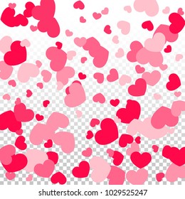 Pink Hearts Random Falling on Transparent. Valentine's Day Pattern. Romantic Scattered Hearts Design Element. Love. Sweet Moment. Gift. Wedding. Anniversary, Birthday. Vector Illustratuion.