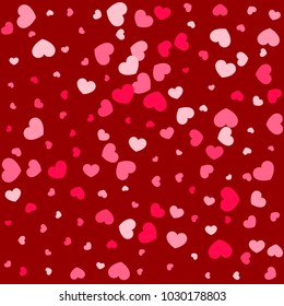 Pink Hearts Random Falling on Red Background. Valentine's Day Pattern. Romantic Scattered Hearts Design Element. Love. Sweet Moment. Cards, Banners, Posters, Flyers, Sales, Brochure, Wallpaper.