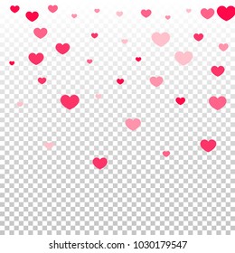 Pink Hearts Random Falling on Transparent. Valentine's Day Pattern. Romantic Scattered Hearts Design Element. Love. Sweet Moment. Gift. Wedding. Anniversary, Birthday. Vector Illustratuion.