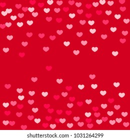 Pink Hearts Random Falling on Red Background. Valentine's Day Pattern. Romantic Scattered Hearts Cute Texture. Love. Sweet Moment. Cards, Banners, Posters, Flyers, Sales, Brochure, Wallpaper.