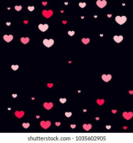 Pink Hearts Random Falling on Black Background. Valentine's Day Pattern. Romantic Scattered Hearts Design Element. Love. Sweet Moment. Gift. Wedding. Anniversary, Birthday. Vector Illustratuion.