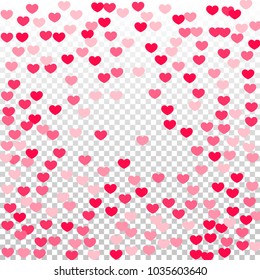 Pink Hearts Random Falling on Transparent. Valentine's Day Pattern. Romantic Scattered Hearts Design Element. Love. Sweet Moment. Gift. Wedding. Anniversary, Birthday. Vector Illustratuion.