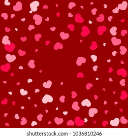 Pink Hearts Random Falling on Red Background. Valentine's Day Pattern. Romantic Scattered Hearts Design Element. Love. Sweet Moment. Cards, Banners, Posters, Flyers, Sales, Brochure, Wallpaper.