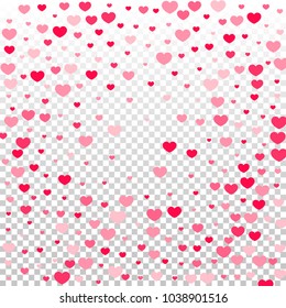 Pink Hearts Random Falling on Transparent. Valentine's Day Pattern. Romantic Scattered Hearts Design Element. Love. Sweet Moment. Cards, Banners, Posters, Flyers, Sales, Brochure, Wallpaper.