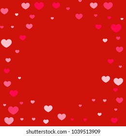 Pink Hearts Random Falling on Red Background. Valentine's Day Pattern. Romantic Scattered Hearts Design Element. Love. Sweet Moment. Gift. Wedding. Anniversary, Birthday. Vector Illustratuion.
