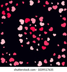 Pink Hearts Random Falling on Black Background. Valentine's Day Pattern. Romantic Scattered Hearts Cute Texture. Love. Sweet Moment. Cards, Banners, Posters, Flyers, Sales, Brochure, Wallpaper.