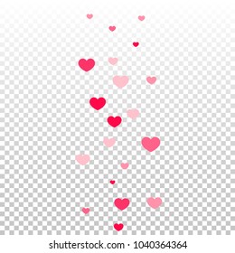 Pink Hearts Random Falling on Transparent. Valentine's Day Pattern. Romantic Scattered Hearts Design Element. Love. Sweet Moment. Gift. Wedding. Anniversary, Birthday. Vector Illustratuion.