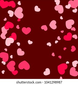 Pink Hearts Random Falling on Red Background. Valentine's Day Pattern. Romantic Scattered Hearts Design Element. Love. Sweet Moment. Gift. Wedding. Anniversary, Birthday. Vector Illustratuion.