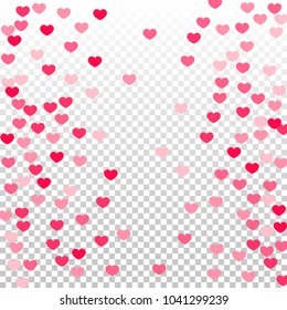 Pink Hearts Random Falling on Transparent. Valentine's Day Pattern. Romantic Scattered Hearts Cute Texture. Love. Sweet Moment. Cards, Banners, Posters, Flyers, Sales, Brochure, Wallpaper.