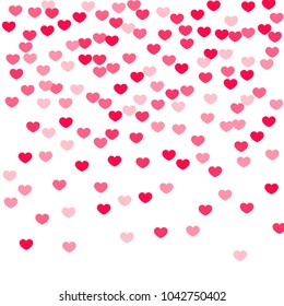 Pink Hearts Random Falling on White Background. Valentine's Day Pattern. Romantic Scattered Hearts Cute Texture. Love. Sweet Moment. Gift. Wedding. Anniversary, Birthday. Vector Illustratuion.