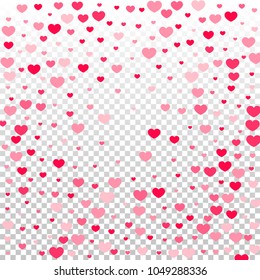 Pink Hearts Random Falling on Transparent. Valentine's Day Pattern. Romantic Scattered Hearts Design Element. Love. Sweet Moment. Gift. Wedding. Anniversary, Birthday. Vector Illustratuion.