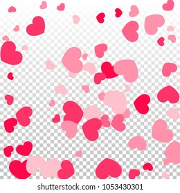 Pink Hearts Random Falling on Transparent. Valentine's Day Pattern. Romantic Scattered Hearts Cute Texture. Love. Sweet Moment. Cards, Banners, Posters, Flyers, Sales, Brochure, Wallpaper.