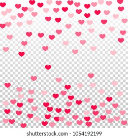 Pink Hearts Random Falling on Transparent. Valentine's Day Pattern. Romantic Scattered Hearts Cute Texture. Love. Sweet Moment. Cards, Banners, Posters, Flyers, Sales, Brochure, Wallpaper.