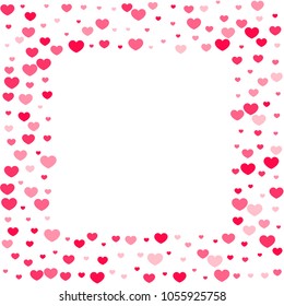 Pink Hearts Random Falling on White Background. Valentine's Day Pattern. Romantic Scattered Hearts Design Element. Love. Sweet Moment. Gift. Wedding. Anniversary, Birthday. Vector Illustratuion.