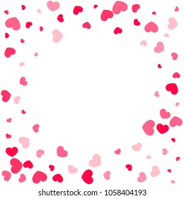 Pink Hearts Random Falling on White Background. Valentine's Day Pattern. Romantic Scattered Hearts Design Element. Love. Sweet Moment. Gift. Wedding. Anniversary, Birthday. Vector Illustratuion.